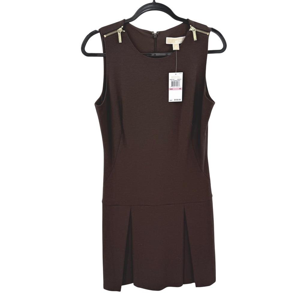 Michael Kors Chocolate Brown Pleated Drop Waist Dress Gold Zipper Detail 10 NEW